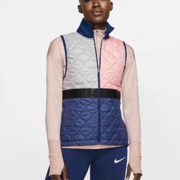 Nike AeroLayer Blue Pink Colorblock Insulated Full-Zip Running Vest Womens - Picture 3 of 7
